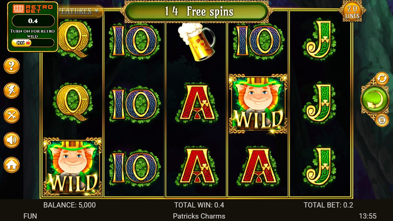 En plein tour de bonus : le bandeau affiche « 14 Free Spins » et deux lutins Wilds collés sur la grille, cœur du manège pendant les free spins.