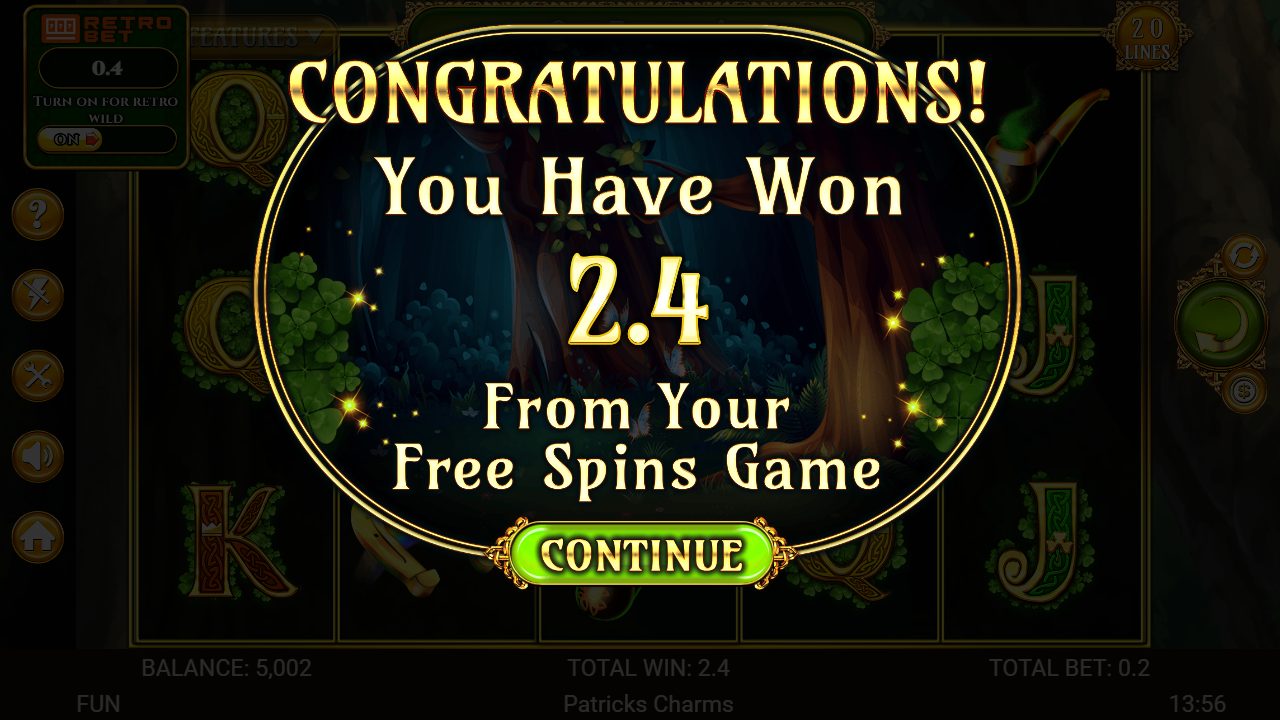 Fin de mes tours gratuits : l'écran annonce 2,4 de gain « from your Free Spins Game » — un lot honnête de forain, sans esbroufe.