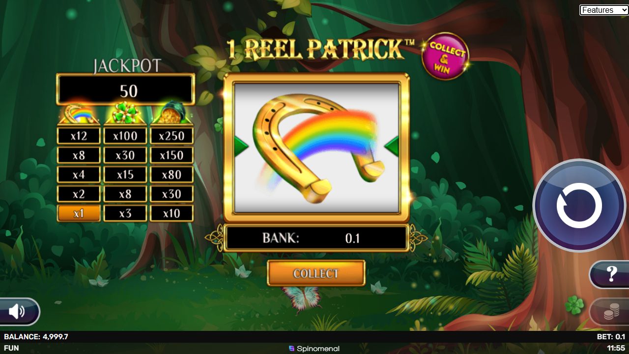 Le manège d'un seul rouleau : à gauche l'échelle des lots avec le jackpot 50, au centre le fer à cheval arc-en-ciel, et la case BANK à 0,1 avec le bouton COLLECT.