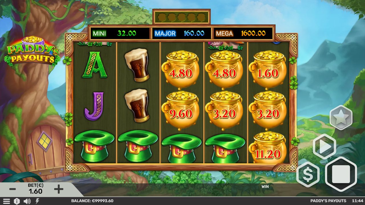 Pluie de pots d'or à valeur : 4,80, 9,60, 3,20, 1,60 et 11,20 s'affichent d'un coup — le Hold and Win passe à la vitesse supérieure.