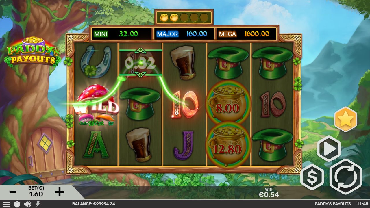 Le champignon Wild complète une ligne pour €0,54, tandis que deux pots d'or affichent 8,00 et 12,80 sur le rouleau de droite — la ligne à 0,32 s'illumine.