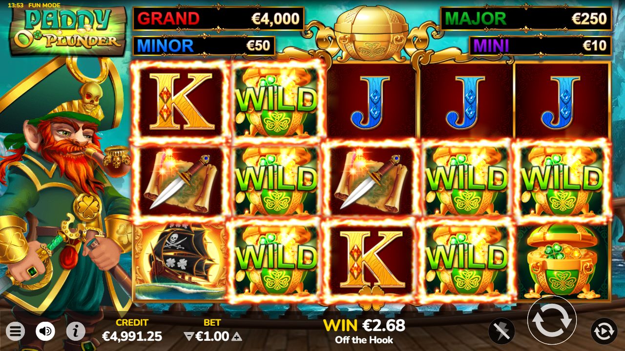 Un tour riche en jokers : chaudrons « WILD » verts en cascade avec K et J, pour un WIN de 2,68 € baptisé « Off the Hook ».