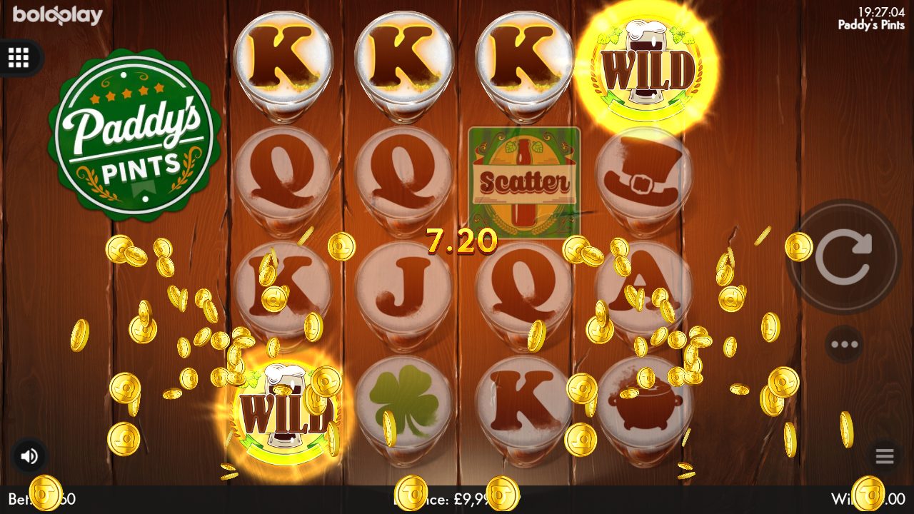Cascade gagnante avec wild et double Scatter : gain net de 7,20 £ pour une mise de 1,60 £.