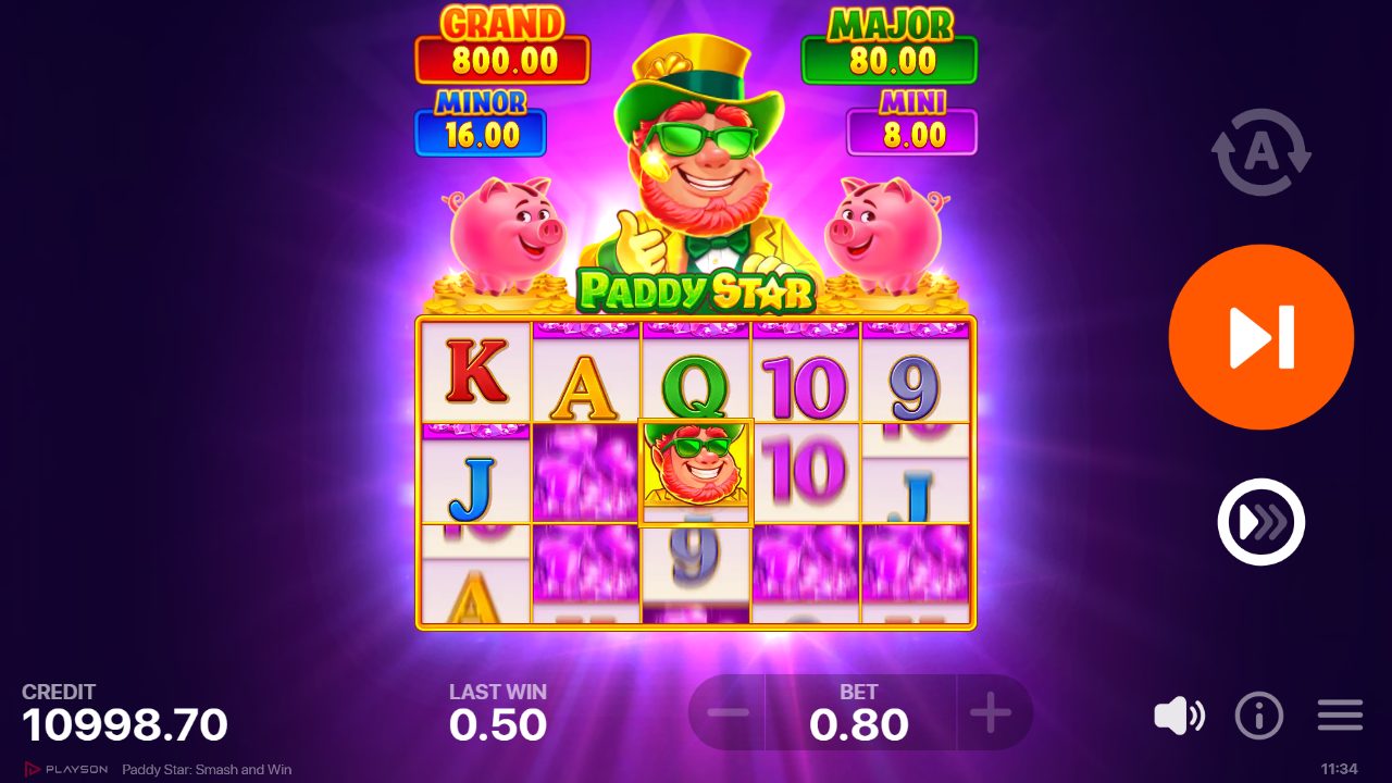 Tour de base à €0,80 : le lutin star et ses cochons tirelires trônent au-dessus de la grille, jackpots affichés GRAND 800 / MAJOR 80 / MINOR 16 / MINI 8 à cette mise.