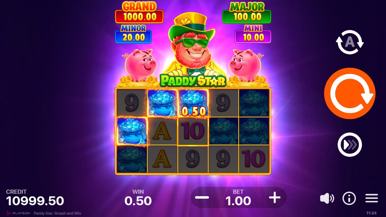 À €1,00, les jackpots grimpent à 1 000 / 100 / 20 / 10 et un pot de gemmes bleu affiche une valeur de 0,50 en haut de grille — la règle du 1 000× la mise se confirme.