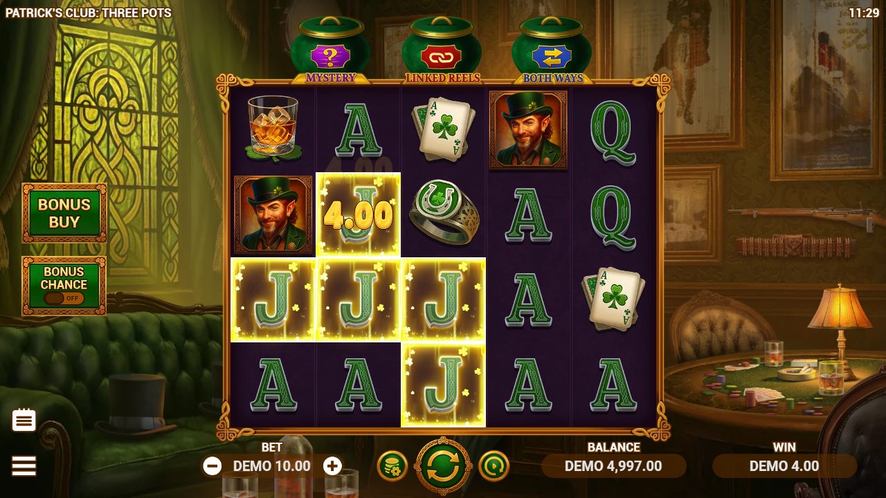Une colonne de valets J s'illumine en or : WIN de 4,00 affiché à la mise de 10,00, avec le portrait du lutin-gentleman en renfort.