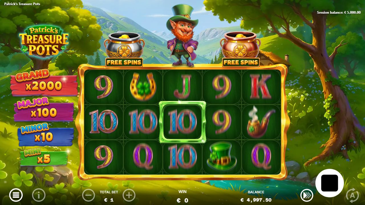Grille au repos dans la prairie : lettres colorées, fer à cheval et pipe, sous le lutin hilare et les deux pots FREE SPINS ; l'échelle des jackpots x2000 à x5 court sur la gauche.