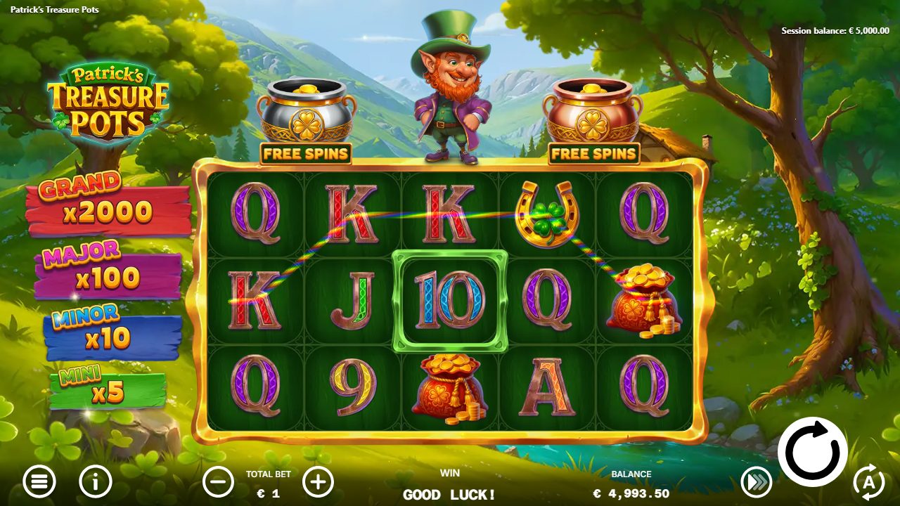 Un tour qui frôle le bonus : les deux chaudrons FREE SPINS s'illuminent avec une ligne arc-en-ciel, message « GOOD LUCK ! » — le near-miss classique, sans déclenchement.
