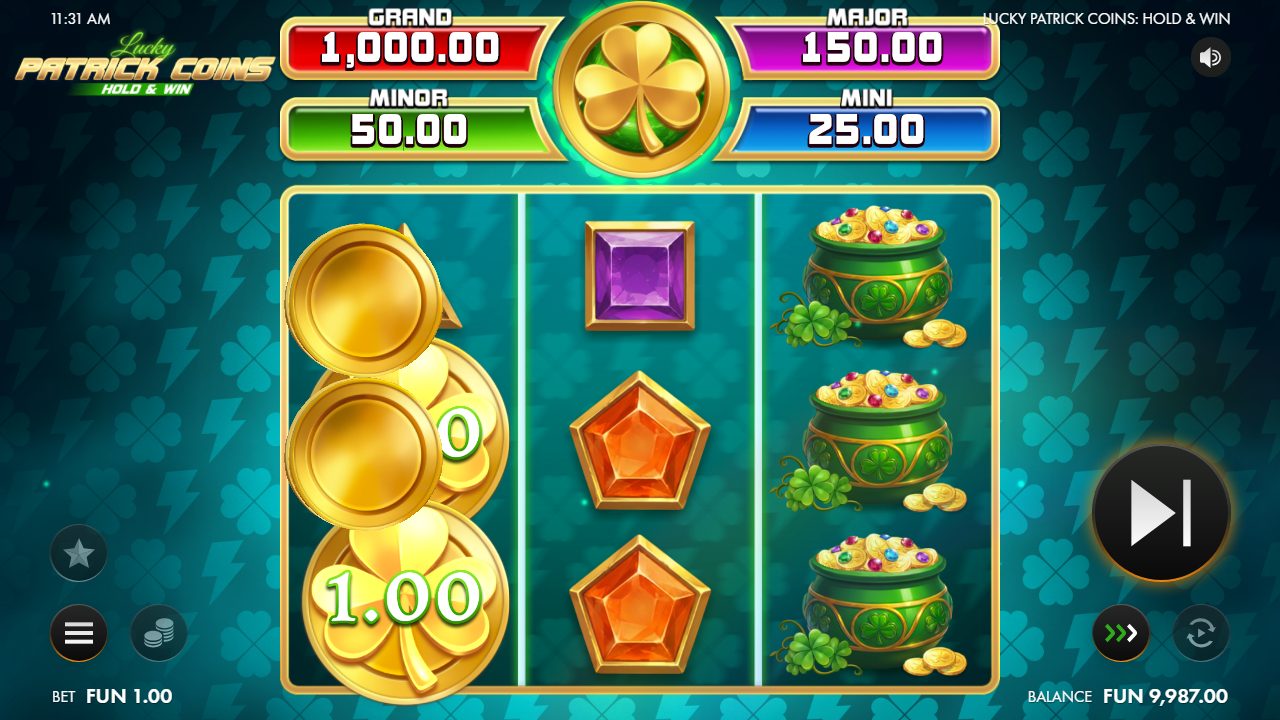 Le Hold & Win en action : des pièces empilées (dont une à 1,00) sur la première colonne et une file de pots d'or débordants à droite — cap sur les jackpots.