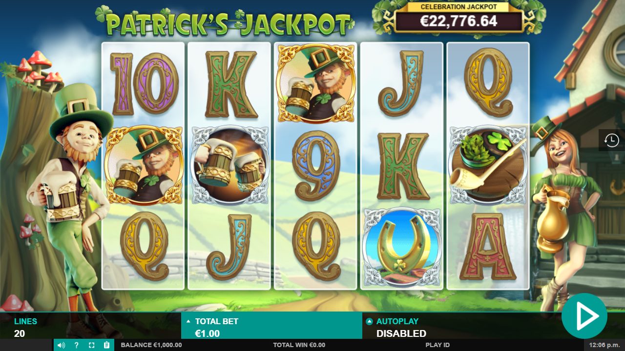 La grille en pleine campagne irlandaise : lutin à la chope, pintes de bière et cartes celtiques, avec le compteur « Celebration Jackpot » à 22 776,64 € qui clignote au-dessus des rouleaux.